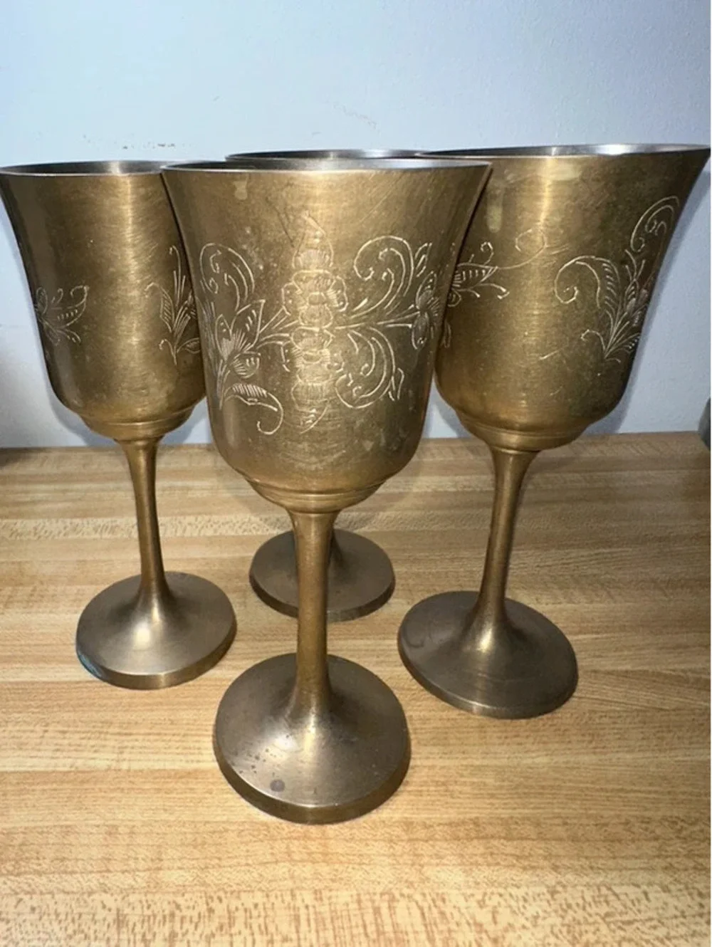 Vintage Etched Brass Wine Goblets/Chalices Set of 4